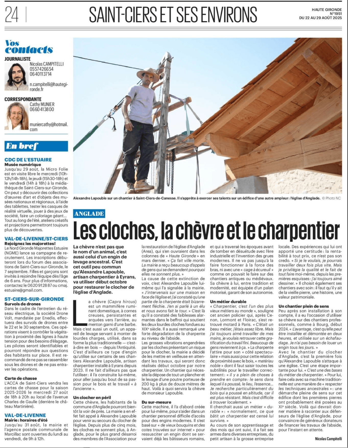 Capture de l’article Haute Gironde : Les cloches, la chèvre et le charpentier