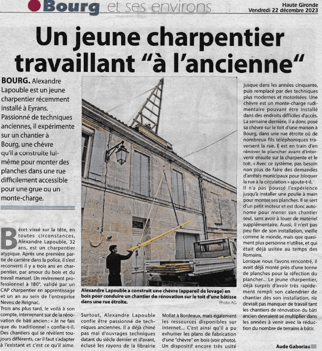 Capture de l’article Haute Gironde : Un jeune charpentier travaillant « à l’ancienne »